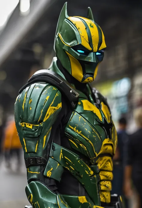 Um batman verde, amarelo e azul, brasileiro, realistic in a titanium cybernetic suit, detalhado, designe perfeito, alta qualidade arestas perfeitas e simetricas  ::n_desenho de estilo, Low-quality imperfection, boneco, jogo, anime