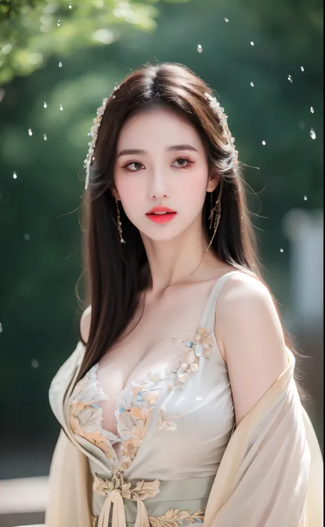 ((Best Quality, 8k, Masterpiece: 1.3)), Focus: 1.2, Perfect Body Beauty: 1.4, Buttocks: 1.2, ((Layered Haircut)), (Wet Clothes: 1.1), (Rain, Street:1.3), (Breasts: 1.2), (Hanfu: 1.2), Bare Shoulders, Bare Legs, Highly Detailed Face and Skin Texture, Fine E...