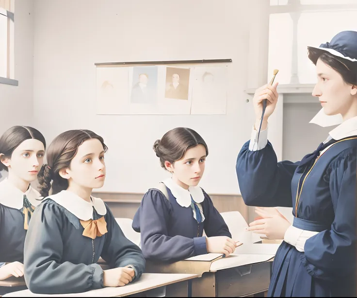 There are many girls in the classroom with their teacher, Classe escolar, em uma sala de aula, fotografia colorida, como um professor rigoroso da escola ), foto colorida, uma foto colorida, colorido 1 89 4 foto, em uma sala de aula da escola, foto colorida...