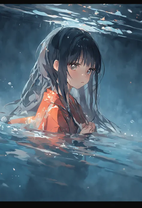 teens girl，Half submerged，Eau，sobu，llight rays，Narrow，Manteau，mid - length hair，brunette color hair，By bangs，A half body，Water surface reflection，Sit Pose，Japanese painting style