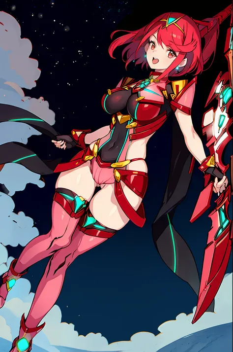 pyra (xenoblade), teen_1girl, loli, armor, bangs, black gloves, breasts, red eyes, closed_mouth, earrings, eyelashes, fingerless gloves, floating hair, framed breasts, gem, gloves, hair ornament, headpiece, jewelry, big_breasts, leaning back, leotard, neon...