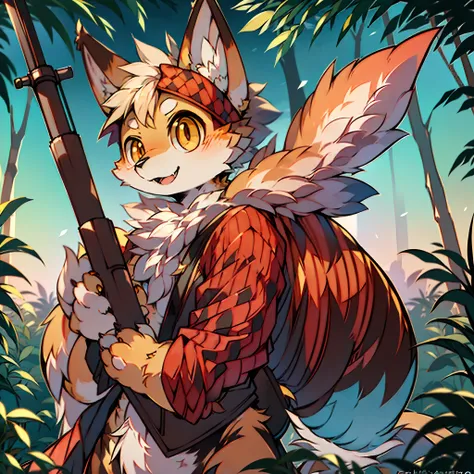 (in high definition with HD texture，High quality production line)white scrunchie+(Orange-yellow pupils)，jungle backdrop，，Furry appearance，adolable，Playful expression，Carrying a sniper rifle on his back