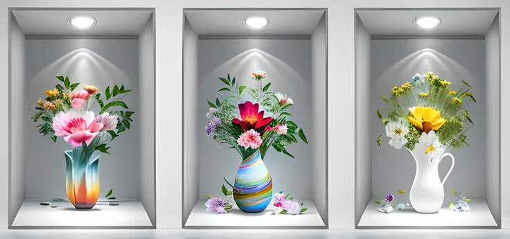 Three vases are displayed in a row, vase with flowers, with colored flowers, photo realistic image, Glowing flowers, i dream of a vase flowers, With flowers, 3d product, Realistic lamps and flowers, with photorealistic lighting, realistic 3 d style, very r...