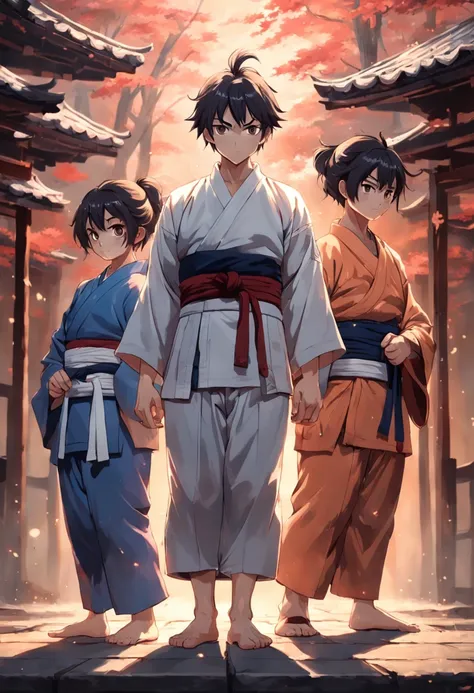 A dojo owner with two disciples, garotos um que representa a maldade e um que representa a bondade, The representation of this goes in the color of hair, in their clothes and that they look 14 years old and the master is someone more neutral, com uma roupa...