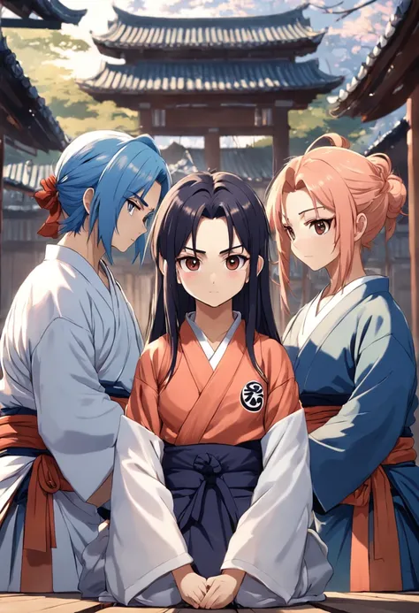 A dojo owner with two disciples, garotos um que representa a maldade e um que representa a bondade, The representation of this goes in the color of hair, in their clothes and that they look 14 years old and the master is someone more neutral, com uma roupa...