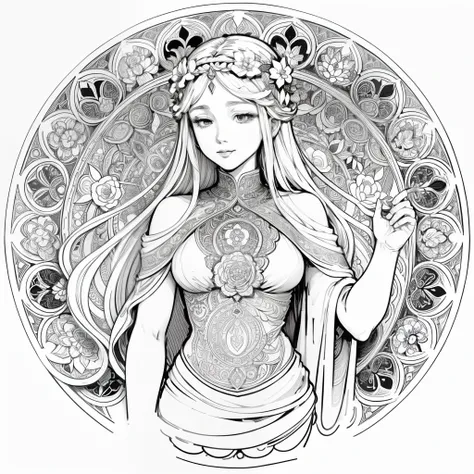 Flowers and goddess, ploynesian, garden, art for coloring book page, full white background, only use outline, line art, coloring book, clean line art, mandala for coloring with nature ornaments, simple and clean line art, coloring book page, adorned in Art...