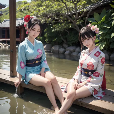 (in 8K、RAW Photos、top-quality、​masterpiece:1.2)、(realisitic、Photorealsitic:1.37)、ultra-detailliert、超A high resolution、(((Sitting on the porch、Beautiful Japan woman playing comfortably with her feet on the water of the creek)))、A smile、woman wearing the kim...