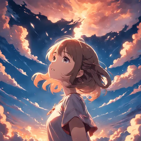 masterpiece, best quality, movie still, 1girl, cloud girl, floating in the sky, close-up, bright, happy, warm soft lighting, sunset, (sparks:0.7)