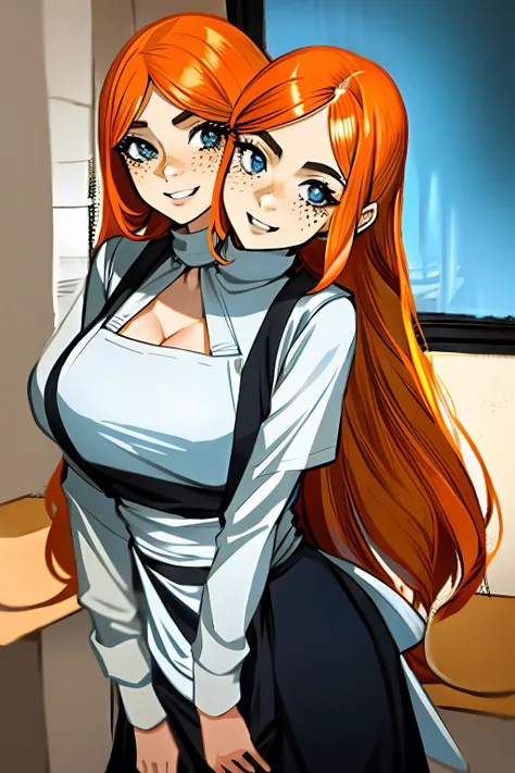 2heads, a short fat girl with 2 heads. She has massive fat breasts. She is extremely short. She has long straight orange hair. She has a lot of freckles. She has freckles on her breasts. She is inside a kitchen with a window. She is wearing just an apron. ...