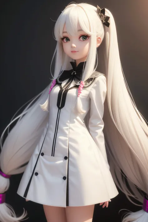 A cute 3D anime girl，wears a white dress，Long white hair。（CG animation，Exquisite details，cute-style）