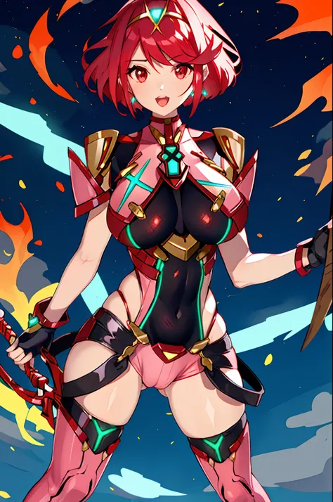 pyra (xenoblade), teen_1girl, loli, armor, bangs, black gloves, breasts, red eyes, closed_mouth, earrings, eyelashes, fingerless gloves, floating hair, framed breasts, gem, gloves, hair ornament, headpiece, jewelry, big_breasts, leaning back, leotard, neon...