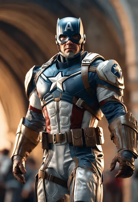 full body shot of captain america  in white and gold armour style suit, no mask on, white cape, looking at center camera, perfect composition, beautiful detailed intricate insanely detailed octane render trending on artstation, 8 k artistic photography, ph...