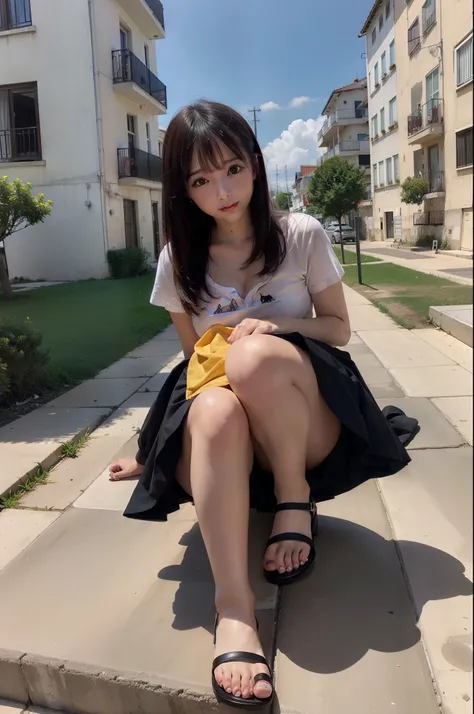 GTS, Giantess, orelhas de gato, franzir a testa leve, olhando para baixo, heaven, camisa amarela solta, black skirt, sol de bloqueio, sandals, Pisando, destruction, collapsing building