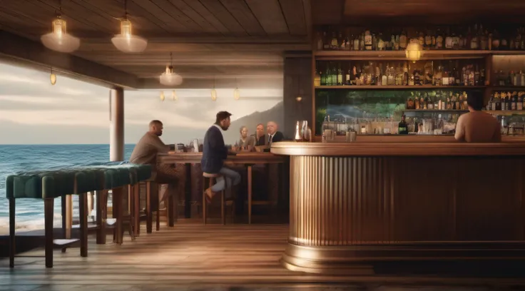 a ultra realistic scene in a bar with people and a barkeeper in a ocean scene, ultra realistic, photo realistic