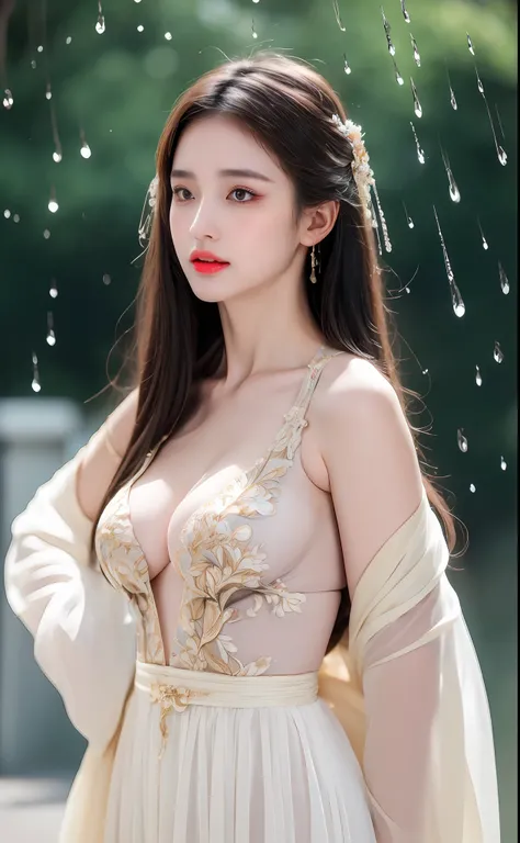 ((Best Quality, 8k, Masterpiece: 1.3)), Focus: 1.2, Perfect Body Beauty: 1.4, Buttocks: 1.2, ((Layered Haircut)), (Wet Clothes: 1.1), (Rain, Street:1.3), (Breasts: 1.2), (Hanfu: 1.2), Bare Shoulders, Bare Legs, Highly Detailed Face and Skin Texture, Fine E...