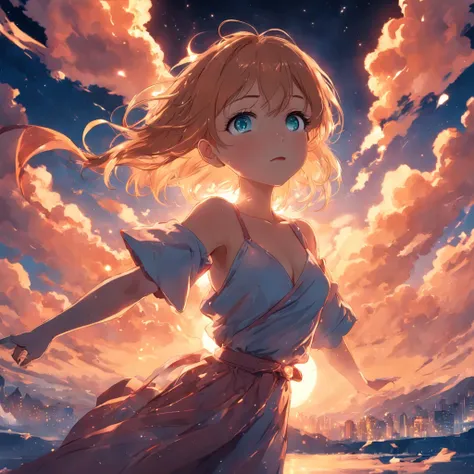 tmasterpiece，best qualtiy，cinematic Film still from，1 girl floating in the sky，closeup cleavage，Bright happy atmosphere，Warm and soft lighting，the sunset，Dazzling sparks。