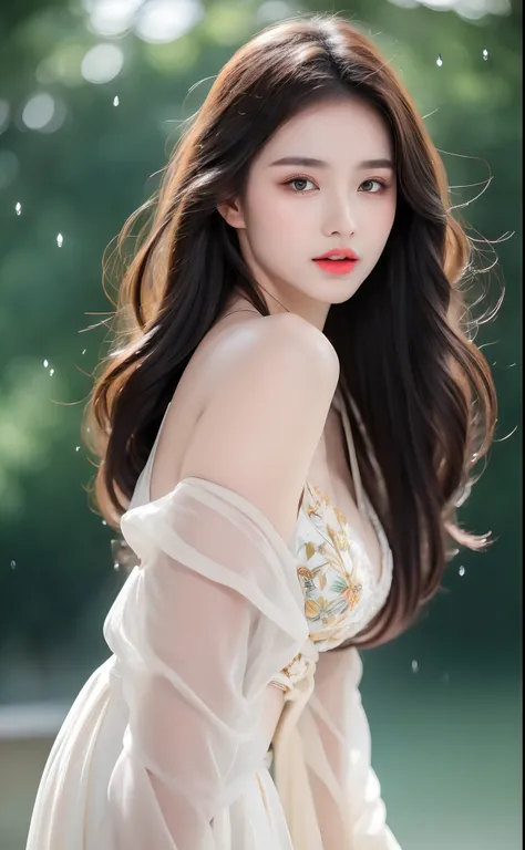 ((Best Quality, 8k, Masterpiece: 1.3)), Focus: 1.2, Perfect Body Beauty: 1.4, Buttocks: 1.2, ((Layered Haircut)), (Wet Clothes: 1.1), (Rain, Street:1.3), (Breasts: 1.2), (Hanfu: 1.2), Bare Shoulders, Bare Legs, Highly Detailed Face and Skin Texture, Fine E...