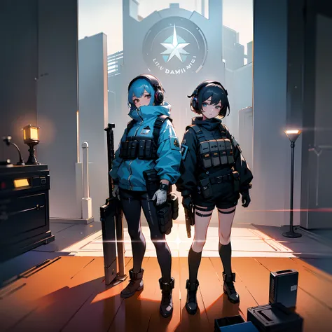 ((High Quality)), (Masterpiece), 8K, 2 Girls, Bulletproof Vest, Rays, Very Elaborate CG Unity 8K Wallpaper, Game CG, Watch Viewer, Gloves, Boots, Full Body, Watch, Computer, Mask, Drone, Weapon Holder, Headphones,