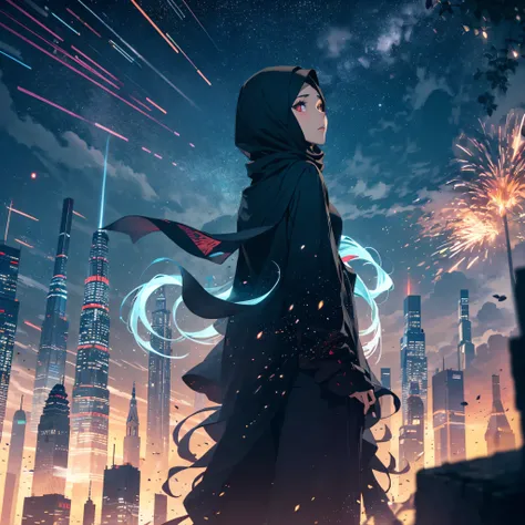 octans, sky, star (sky), scenery, starry sky, a women with black hijab, red eyes, beauty, cityscapes, center of the city, blue sky, amazing sky, white skin, very beautifull, zoom out, full body, colorful, highest detailed, (light streaks), striking visuals...