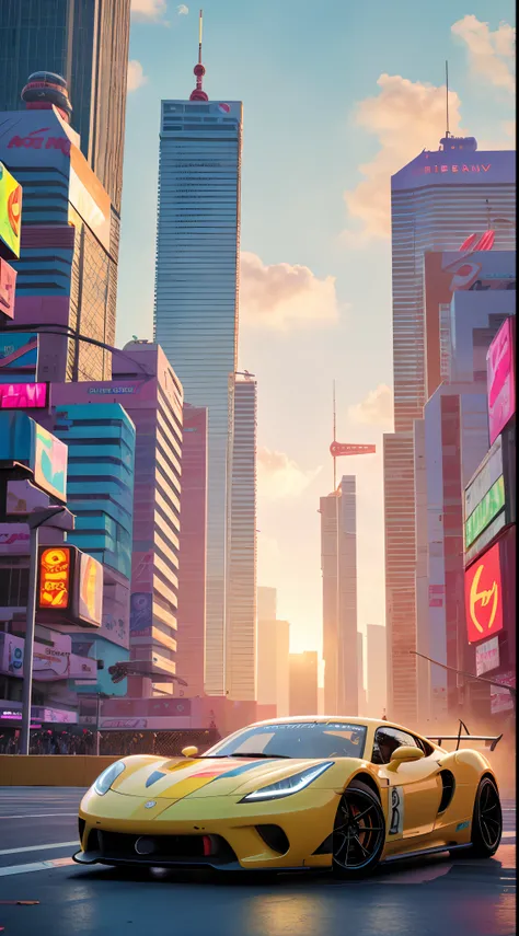 bright sunny day beautiful cloudy sky sunset sports car racing down cyberpunk Miami city streets neon signs and crowds confetti debris dust wind volumetric fog exciting epic action camera, (masterpiece:1.2) (photorealistic:1.2) (bokeh) (best quality) (deta...