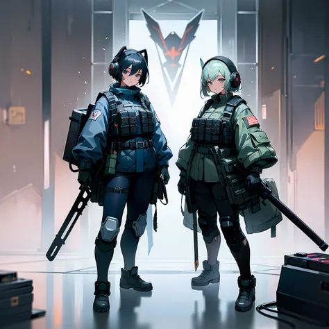 ((High Quality)), (Masterpiece), 8K, 2 Girls, Bulletproof Vest, Rays, Very Elaborate CG Unity 8K Wallpaper, Game CG, Watch Viewer, Gloves, Boots, Full Body, Watch, Computer, Mask, Drone, Weapon Holder, Headphones,