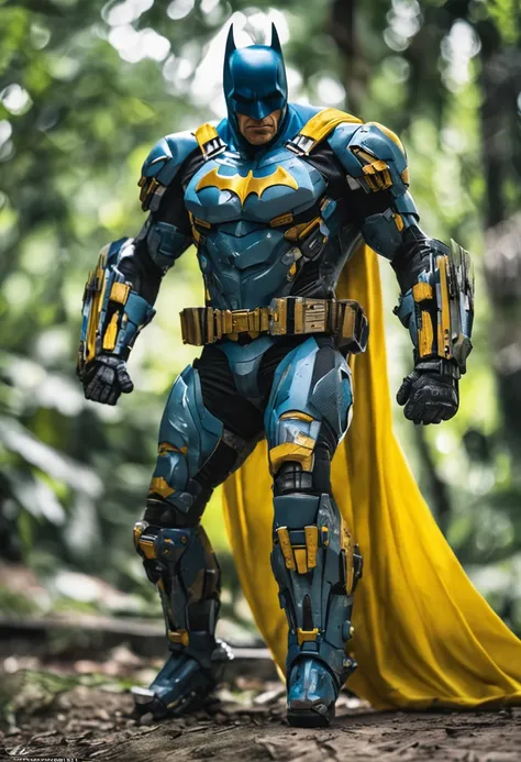 Um batman verde, amarelo e azul, brasileiro, realistic in a titanium cybernetic suit, detalhado, designe perfeito, alta qualidade arestas perfeitas e simetricas  ::n_desenho de estilo, Low-quality imperfection, boneco, jogo, anime