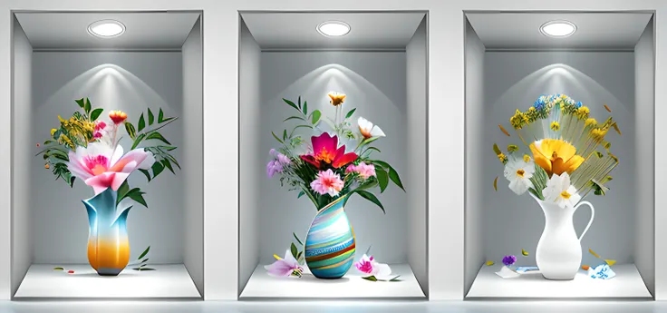 Three vases are displayed in a row, vase with flowers, with colored flowers, photo realistic image, Glowing flowers, i dream of a vase flowers, With flowers, 3d product, Realistic lamps and flowers, with photorealistic lighting, realistic shaded，realistic ...