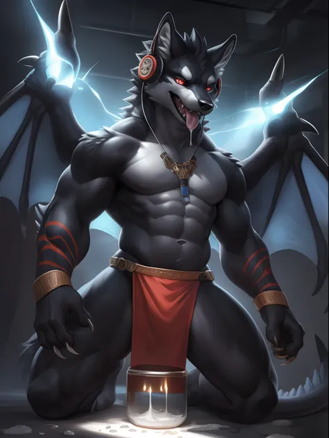 Solo, Male, (Muscular), sacrifices, (male anthro wolf):1.3, White flesh，nakeness，divinity，Wear white ear headphones，loincloth,Evil God (Kamimei):1.3, (komono:1.4) (DOA):1.23, Detailed eyes, lizard tail,A pair of dragon horns, A pair of dragon wings，Slim st...