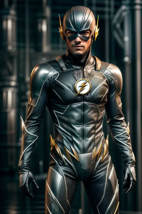 An intricate silver and carbon the flash cybiotics suit, extremely detailed suit, micro-details, photorealism, one light, dark photo, deep shadows, shallow depth of field, photorealistic, Surrealism, high quality, masterpiece, 8k, 8k, super detail