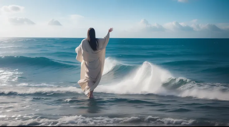 A man from the time of Moses in an antique linen robe in front of the sea, with hands stretched out to heaven crying out to God, the sea is divided in half;, forming two large walls of water creating a dry floor passage