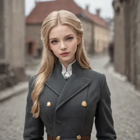 Lonely young adult girl, Tall stature, little chest, Slavic appearance: Green eyes; blond hair; sharp facial features; Straight nose; pronounced high cheekbones, stands upright, military uniform: gray double-breasted overcoat; gray pants, full length, max ...