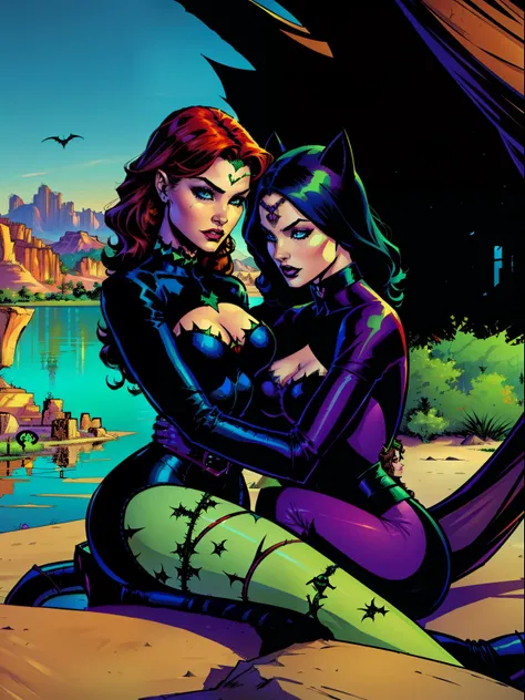 2women, Poison Ivy and Catwoman, Cuddling, Love,  Near a lake in the desert, Lots of colors around , DC Comics.