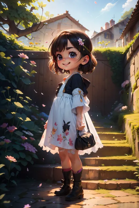 Beautiful little princess in dress, Stand on the marble steps at the entrance to the palace, Look at the wyvern in the distant sky.Light，8k wallpaper，Master painting，petals，lakes，bow and arrows，grin，Black eyes，swing， Perfect quality，Clear focus（Clutter - h...