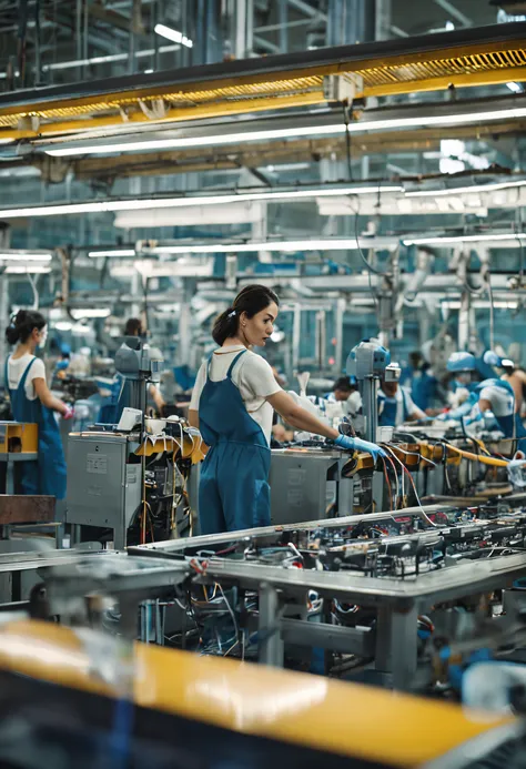 Electronics factory， Serious working assembly line women，Wear blue overalls，