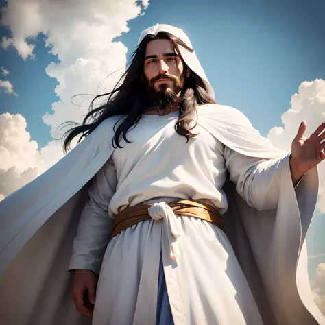 Jesus Christ is standing on a hill, Olhando para o horizonte. Hes wearing a white robe and a blue robe., and her hair is long and dark. Ele tem uma barba e um bigode, and his eyes are blue. hes smiling, and its expression is one of love and compassion.

th...