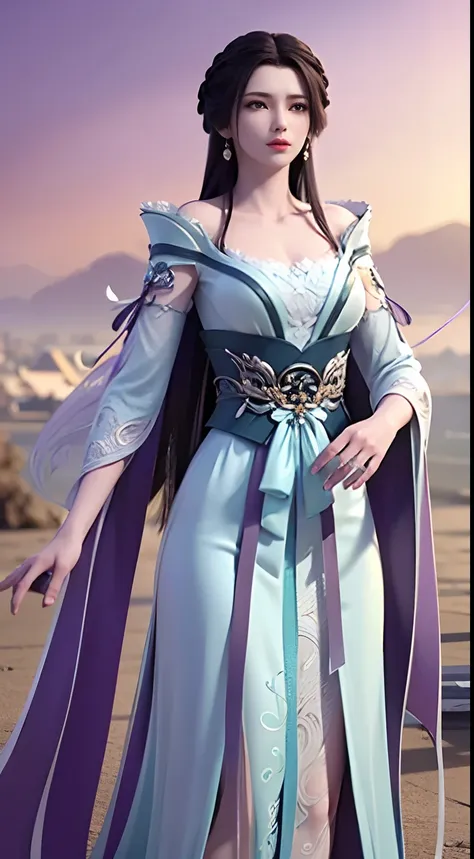 Solo, 1 Beautiful Female, Wuxia World, (1 Girl), (Full Body), (Xiuxian World), Chinese Immortal Wuxia, (Purple Cross-collared Top, Ancient Long Skirt, Embroidered Cape, Streamer), Brunette Hair, Chinese Coiled Bun, Hairpin, Light Pink Lips, Calm, Intellect...