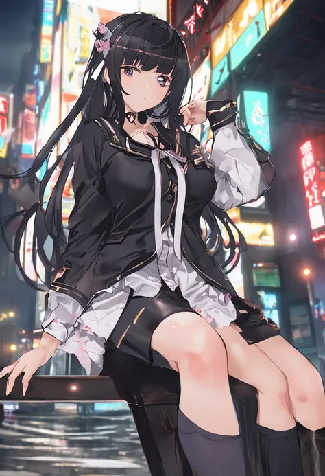 best qualtiy、Realistic Asian woman makes the night view of Kabukicho attractive。She has dark hair and、、The length is characterized by crisp bangs.。She wears platform loafers and knee-high socks.、、The goth loli costume with ribbon is cute、Enhances the atmos...