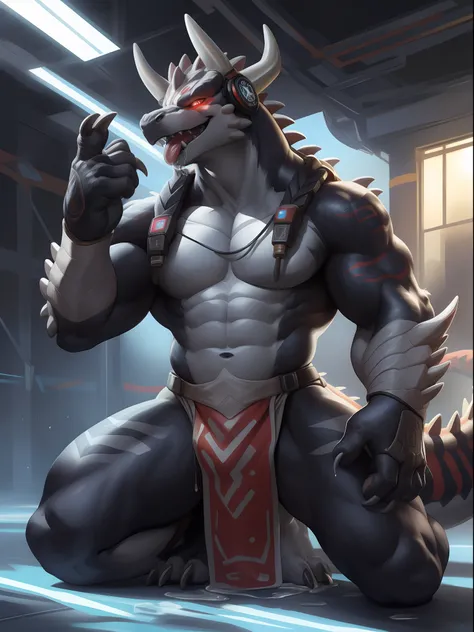 Solo, Male, (Muscular), sacrifices, (male anthro wolf):1.3, White flesh，nakeness，divinity，Wear white ear headphones，loincloth,Evil God (Kamimei):1.3, (komono:1.4) (DOA):1.23, Detailed eyes, lizard tail,A pair of dragon horns, A pair of dragon wings，Slim st...