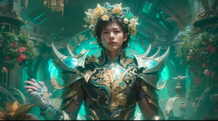 1boy, photo of very very handsome suave smiling young 25-year-old male Chinese prince, clothed in futuristic cybernetic armor, wearing a large futuristic crown, walking in an ethereal enchanted forest with neon glowing flowers and a rainbow in the sky, sci...