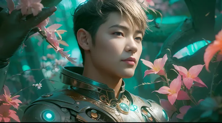 1boy, photo of very very handsome suave smiling young 25-year-old male Chinese prince, clothed in futuristic cybernetic armor, wearing a large futuristic crown, walking in an ethereal enchanted forest with neon glowing flowers and a rainbow in the sky, sci...