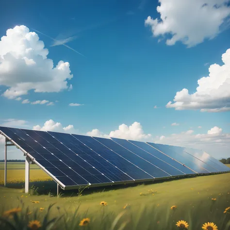 Generate me an image of solar panels in a field with a clear blue sky and no clouds