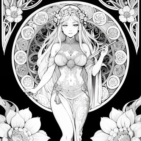 Flowers and goddess, ploynesian, garden, art for coloring book page, full white background, only use outline, line art, coloring book, clean line art, mandala for coloring with nature ornaments, simple and clean line art, coloring book page, adorned in Art...