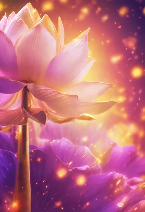 Lotus flower with light petals, symbol of Buddhism, iridescent in rainbow colors, with a golden aura around him with a very bright divine light descending from the sky,  High Definition Image, detalhamento alto e estilo fotorrealismo. Imagem com pelo menos...