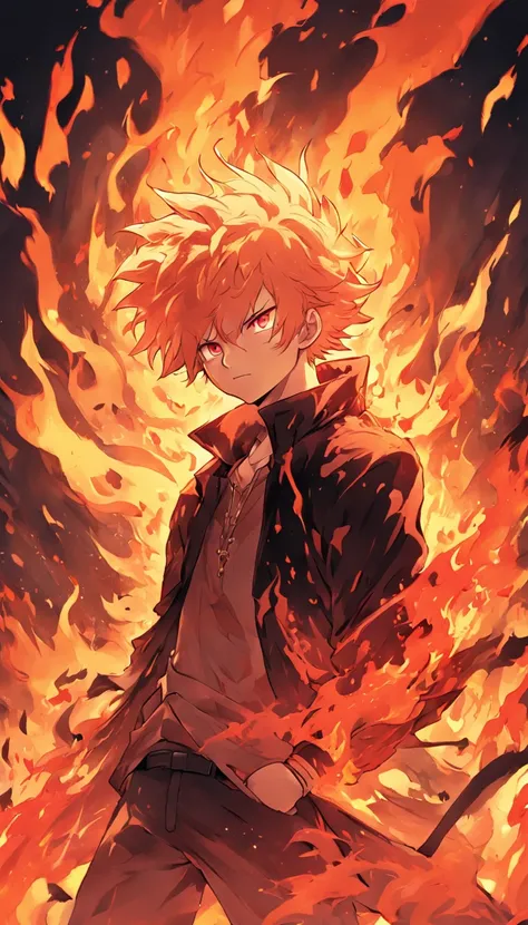 a gold-haired, red-eyed man with a beard and a head of fire and a black jacket, engulfed in turbulent flames, fire behind him, detailed digital anime art, Nagito Komaeda, engulfed by flames, holy flame spell, handsome guy in demon slayer art, flaming hair,...