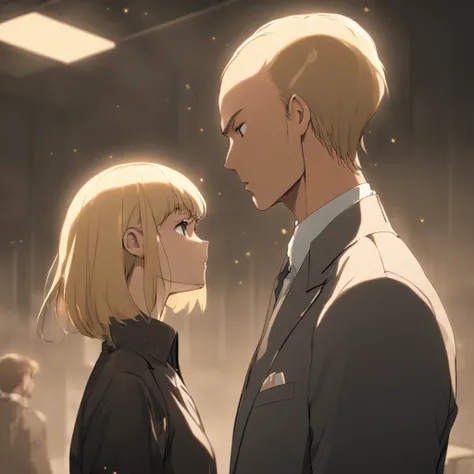 "Vue de profil, corps entier, A man with balding temples in a suit and a woman with blond hair in a bowl cut, standing face to face, in a classic 70s office, Style of the 70s, шедевр."