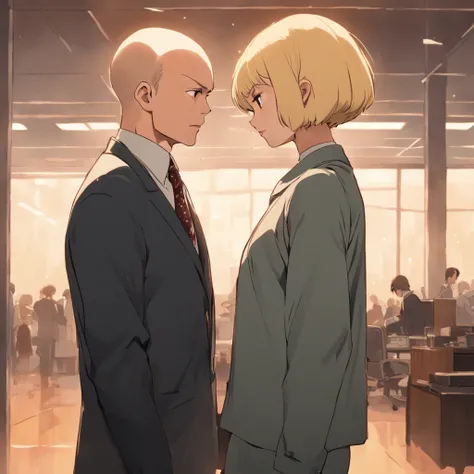 "Vue de profil, corps entier, A man with balding temples in a suit and a woman with blond hair in a bowl cut, standing face to face, in a classic 70s office, Style of the 70s, шедевр."