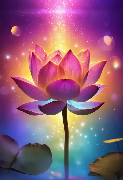 Super detailed lotus flower with iridescent petals in rainbow colors, with a golden aura around him and with a very bright divine light descending from the sky,  References to Buddhism, High Definition Image, detalhamento alto e estilo fotorrealismo. Image...