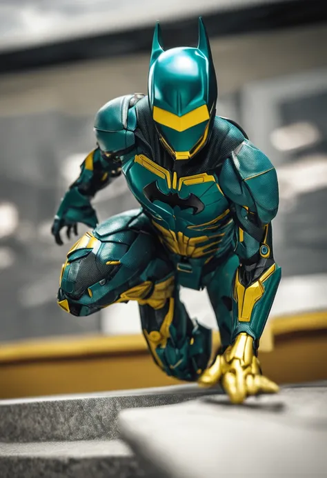 Um batman verde, amarelo e azul, brasileiro, realistic in a titanium cybernetic suit, detalhado, designe perfeito, alta qualidade arestas perfeitas e simetricas  ::n_desenho de estilo, Low-quality imperfection, boneco, jogo, anime