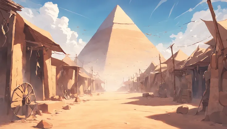 A small village of ancient Egypt, with the pyramids in the background, in a desert environment, pocas palmaras, con un cielo azul soleado y nubes tenues, animated pixer style, una escena colorida, sin personas.