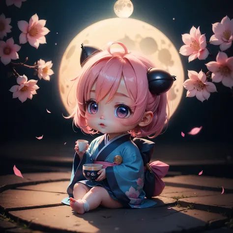 Cute baby chibi anime, drink tea, dark skinned, moon, 4k, wear blue and pink kimono